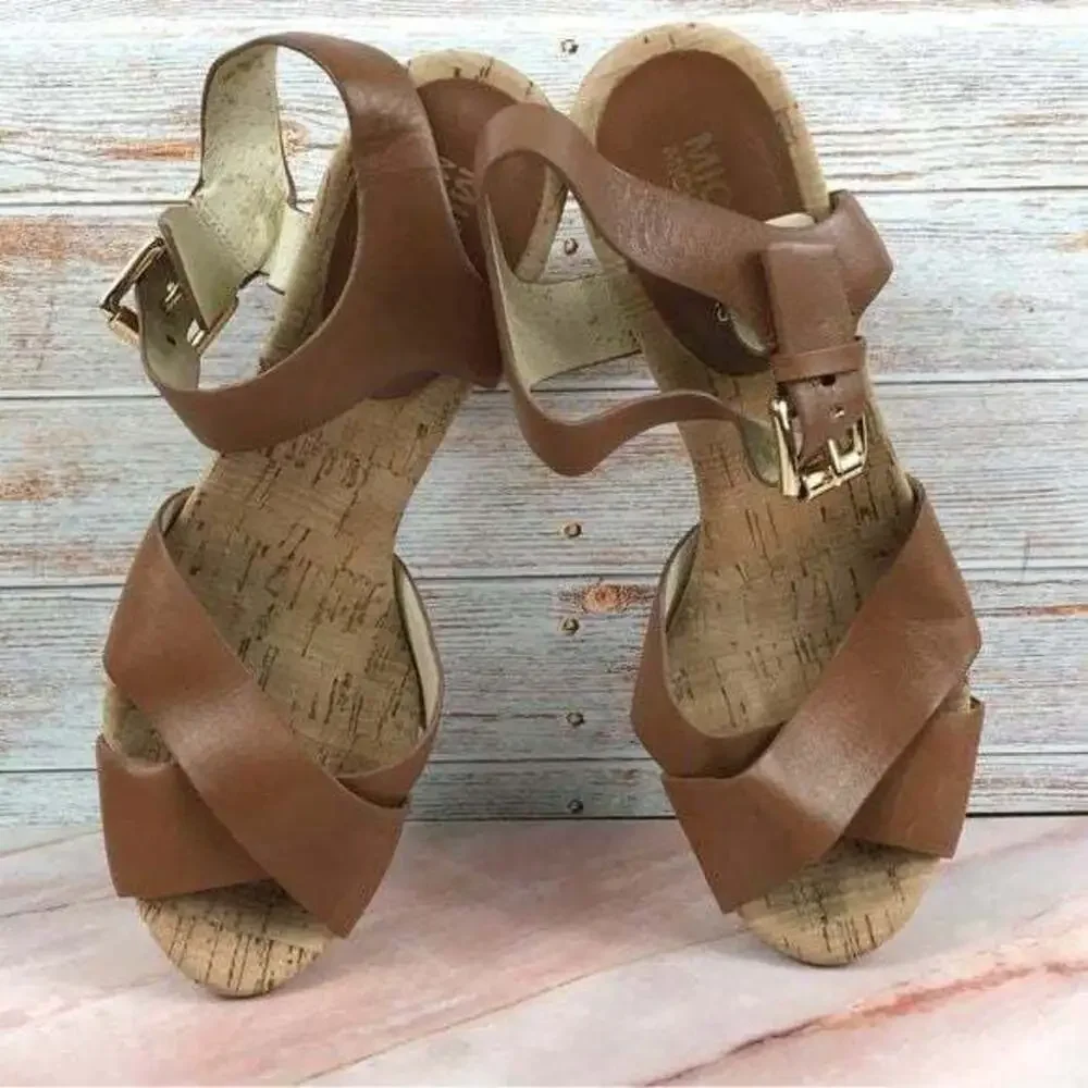 Michael by Michael Kors Natalia Cork Platform Sandal Brown Leather